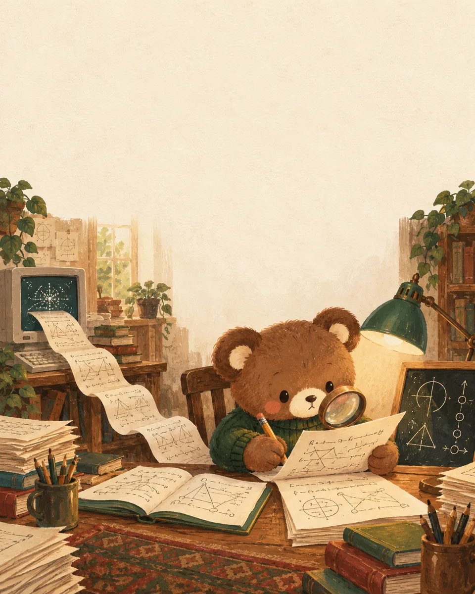 Airing’s bear examining mathematical manuscripts with a magnifying glass and pencil; AI concept illustration