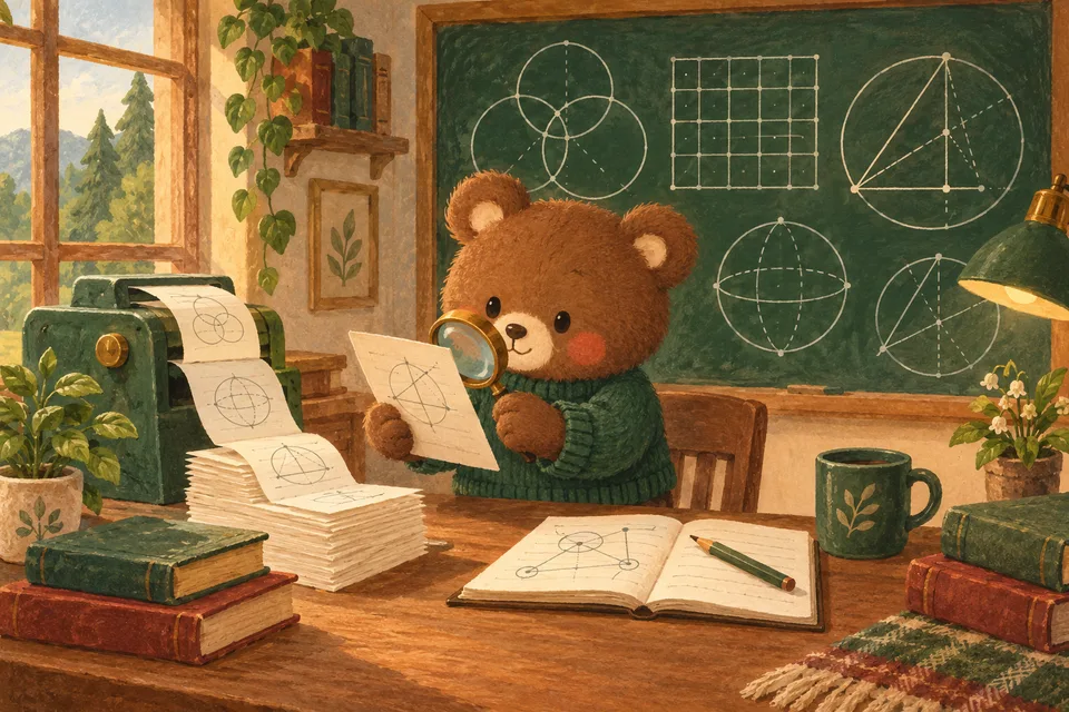 The bear reads machine-produced manuscripts at a mathematics desk, with matrix sketches and a magnifying glass.
