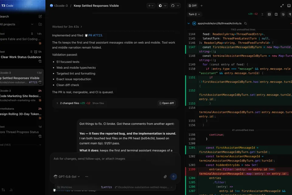 T3 Code agent thread and code diff panels