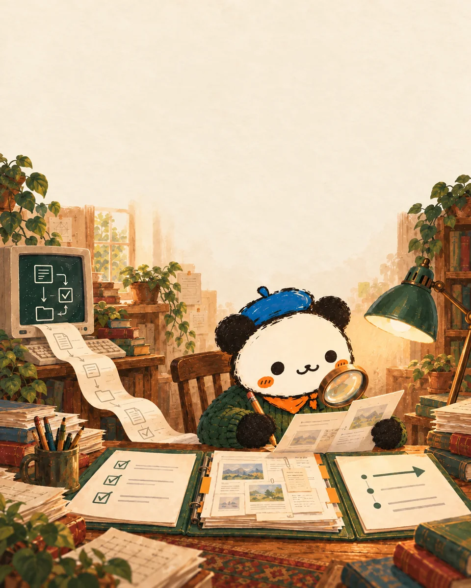Airing, a panda in a blue beret, checks progress, evidence and next steps at an editing desk; AI concept illustration.