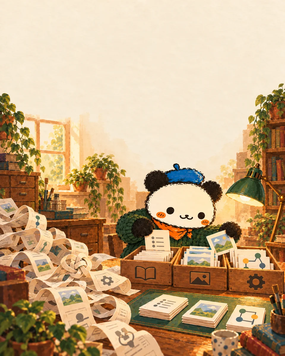 Airing, a panda in a blue beret and orange scarf, sorts a tangled paper ribbon into three compartments. AI concept illustration.